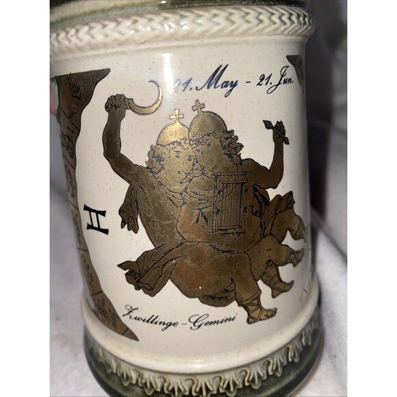 Vintage Gerzit Gerz Beer Stein Mug Lid W Germany Zodiac Cherub Gold Ceramic - Picture 7 of 11